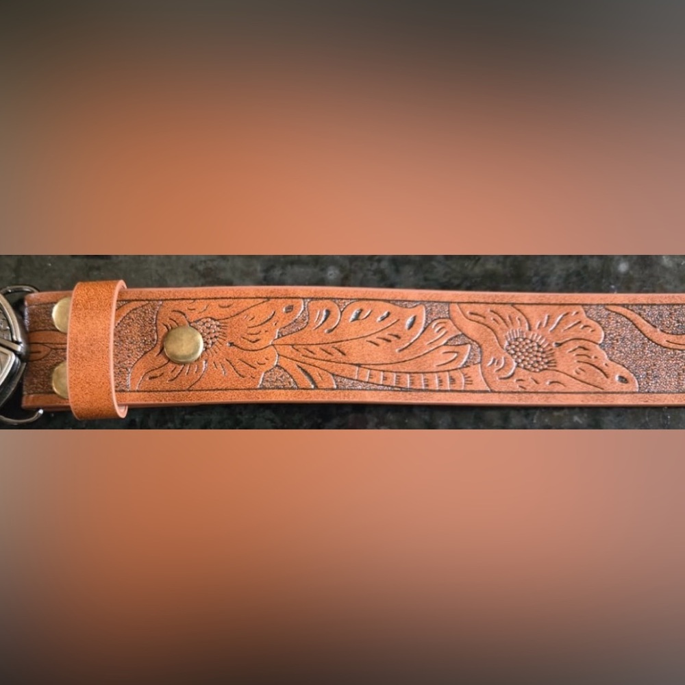 Floral Embossed Leather Belt - Tan Premium Engineered Leather